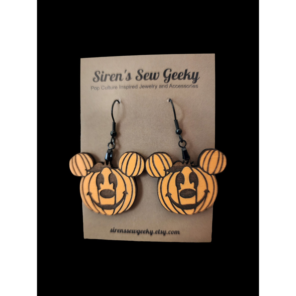 Mickey Pumpkin Disney Halloween Engraved Earrings - Picture 2 of 3